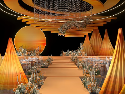 Elegant Banquet Hall With Orange Tents Circular Sunset Decoration Crystal Chandelier And Flower Arrangements 3d model