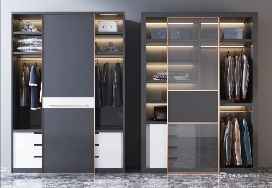 Modern Wardrobe Interior Design With Glass Door Hanging Space Drawers And LED Lighting 3d model 