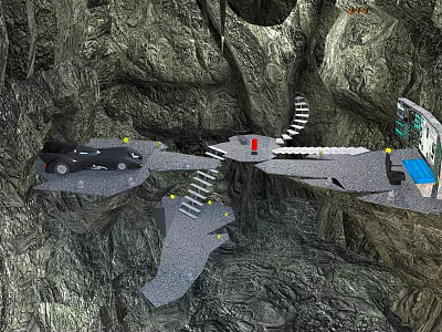 Natural Cave Environment Featuring Rocky Walls Black Car Stone Steps Signpost And Blue Box 3d model