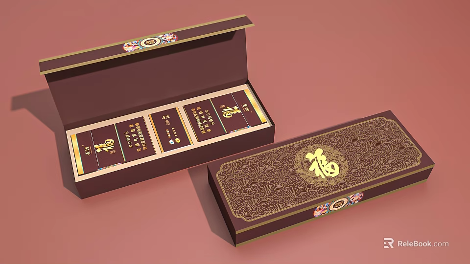 Traditional Open Gift Box With Small Packages And Chinese Character Fu 3d model 