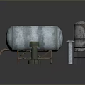 Large Turquoise Rusty Metal Tank on Stand with Small Grayish White Tank and Pedestals