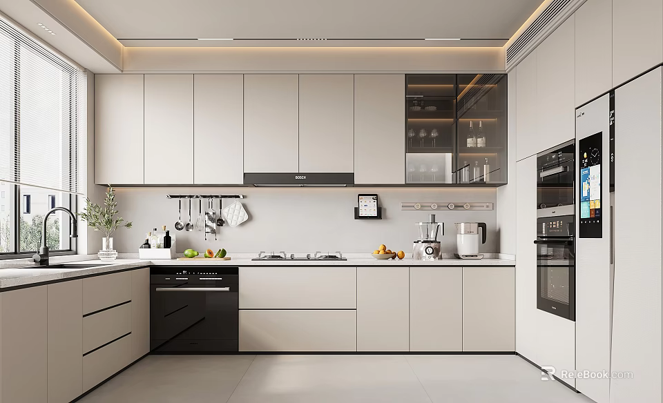 Modern Kitchen Interior Design With White Cabinets Countertop Appliances And Potted Plant 3d model 
