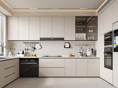 Modern Kitchen Interior Design With White Cabinets Countertop Appliances And Potted Plant 3d model