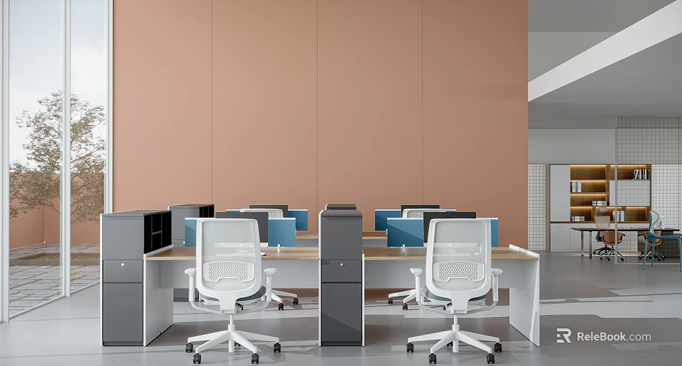 Modern Public Office Space With Light Brown Walls White Chairs Gray Cabinets And Blue Screens 3d model 