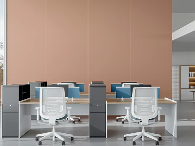 Modern Public Office Space With Light Brown Walls White Chairs Gray Cabinets And Blue Screens 3d model