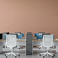 Modern Public Office Space With Light Brown Walls White Chairs Gray Cabinets And Blue Screens