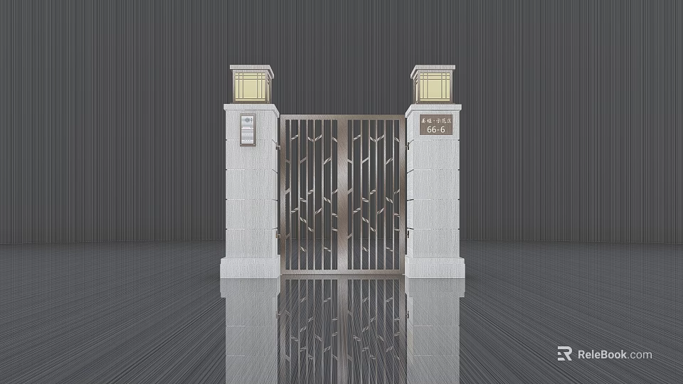 Modern Decorative Gate Component With Stone Pillars Top Lamps And Metal Patterns 3d model 