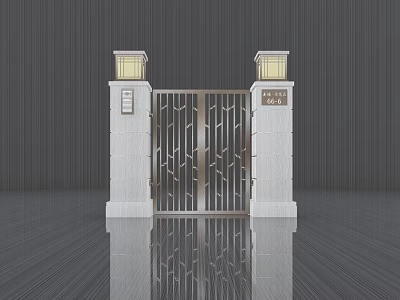Modern Decorative Gate Component With Stone Pillars Top Lamps And Metal Patterns 3d model