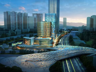 Modern Office Building Exterior With Glass Facade And Urban Night Skyline Lights 3d model