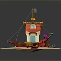 Miniature Pirate Ship Cabin With Red Hull Black Flag Wooden Ladder Small Boat And Anchor
