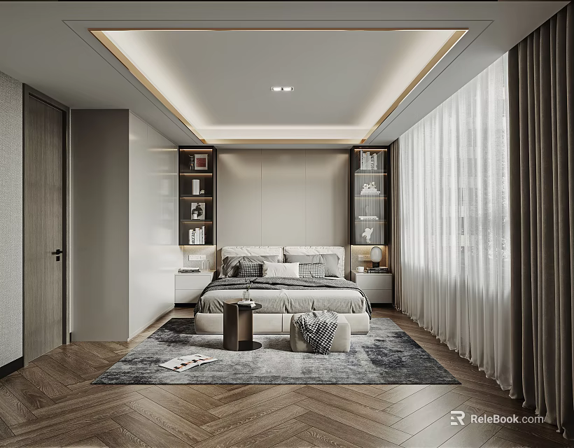 Modern Bedroom Interior With Herringbone Wooden Floor Area Rug And White Curtains 3d model 