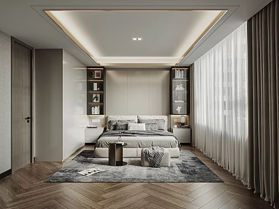 Modern Bedroom Interior With Herringbone Wooden Floor Area Rug And White Curtains 3d model