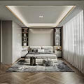 Modern Bedroom Interior With Herringbone Wooden Floor Area Rug And White Curtains