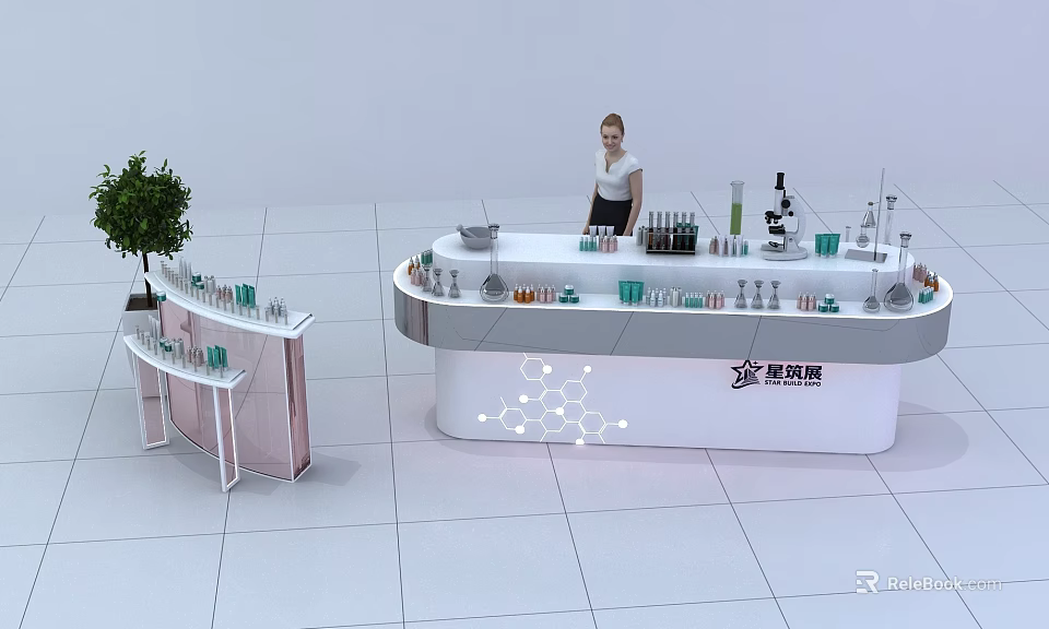 Modern Cosmetics Display Shelves With Curved Counter Green Plant And Brand Logo 3d model 