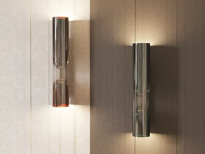 Modern Elongated Metallic Wall Lamps Mounted on Wooden Walls Emitting Soft Light 3d model