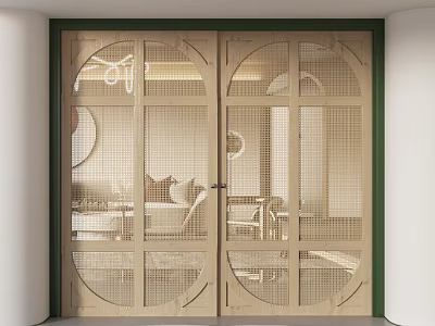 Modern Wooden Double Doors With Glass Panels And Green Frame 3d model