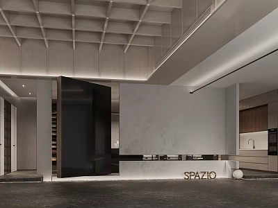 SPAZIO Modern Exhibition Hall With Open Space Marble Wall And Display Counter Design 3d model