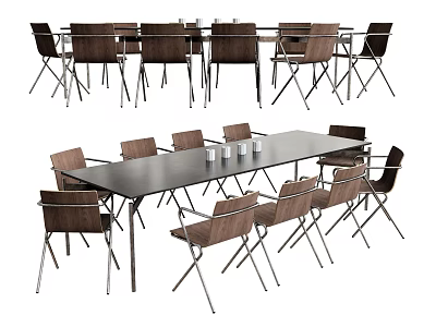 Modern Office Conference Table With Wooden Top And Metal Frame Chairs Setup 3d model