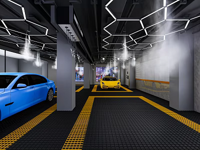 4S Car Dealership Showroom Interior With Hexagonal Lighting Black Tiled Floor Yellow Lines And Cars 3d model