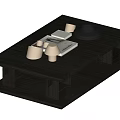 Black Wooden Coffee Table With Two Tier Design Featuring Cups Container And Papers 3d model