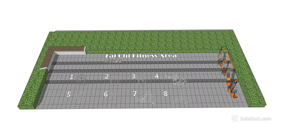 Fat Oil Fitness Area With Numbered Stations Grid Floor And Grass Area 3d model 