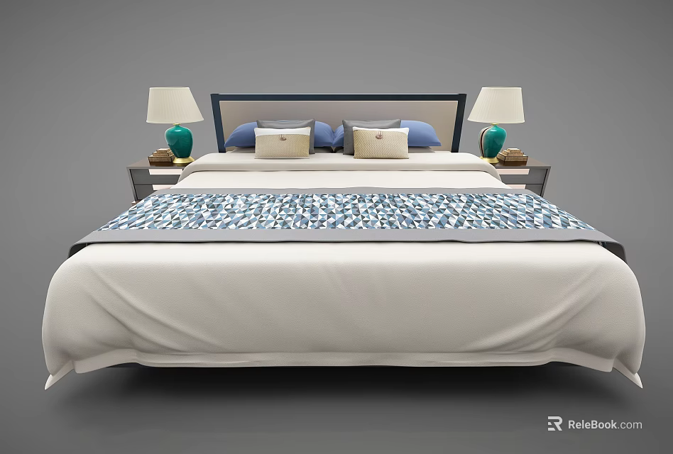 Elegant Double Bed With White Sheets Blue Patterned Throw And Nightstands With Green Table Lamps 3d model