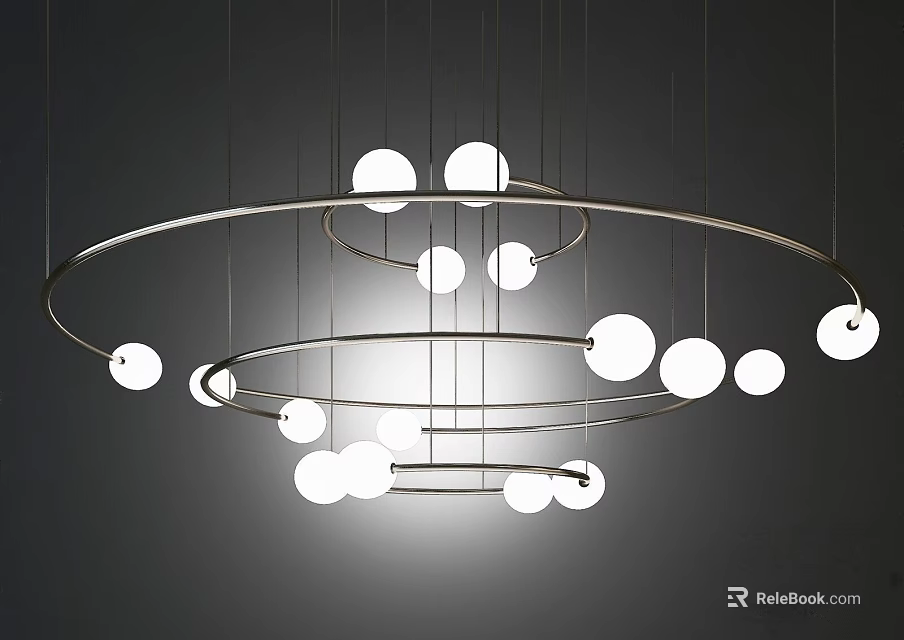 Modern Circular Chandelier with White Spherical Bulbs and Hanging Multiple Rings 3d model 