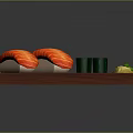 Fresh Red And Green Sushi Rolls With Decorative Garnish On Wooden Tray