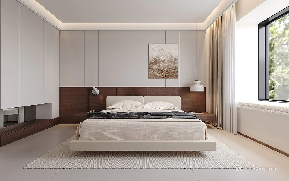 Modern Bedroom Interior With Platform Bed Wooden White Headboard Wall Art Pendant Lights And Curtains 3d model 