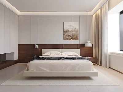 Modern Bedroom Interior With Platform Bed Wooden White Headboard Wall Art Pendant Lights And Curtains 3d model