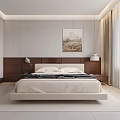 Modern Bedroom Interior With Platform Bed Wooden White Headboard Wall Art Pendant Lights And Curtains