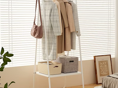Modern White Clothes Rack with Hanging Clothes Pink Bag and Storage Boxes in Interior 3d model