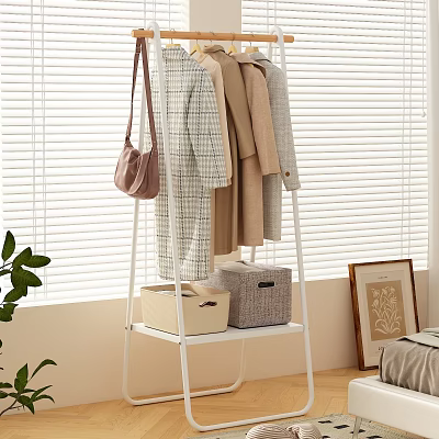 Modern White Clothes Rack with Hanging Clothes Pink Bag and Storage Boxes in Interior 3d model