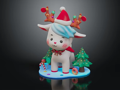 Cute Cartoon Sheep Wearing Santa Hat with Decorated Antlers and Christmas Trees Around Snowy Base 3d model