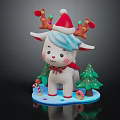 Cute Cartoon Sheep Wearing Santa Hat with Decorated Antlers and Christmas Trees Around Snowy Base
