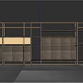 Modern Display Shelves With Golden Metal Frame And Wooden Panel Storage Design