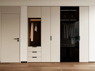 Modern White Wardrobe Interior Design With Glass Doors Clothing Hanging Area And Drawers 3d model
