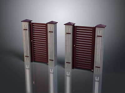 Modern Wooden And Steel Double Gates With Decorative Pillars And Top Canopies 3d model