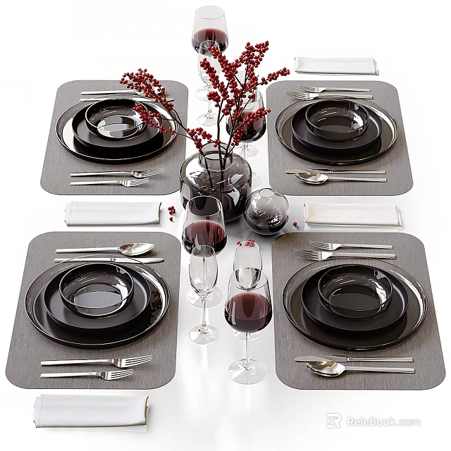 Elegant Dinnerware Set With Black Plates Bowls Cutlery Wine Glasses Napkins And Red Berries Vase 3d model 