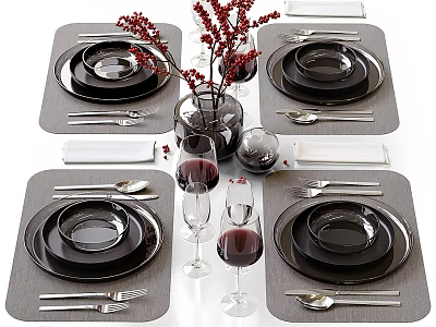 Elegant Dinnerware Set With Black Plates Bowls Cutlery Wine Glasses Napkins And Red Berries Vase 3d model
