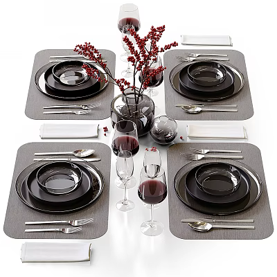 Elegant Dinnerware Set With Black Plates Bowls Cutlery Wine Glasses Napkins And Red Berries Vase 3d model
