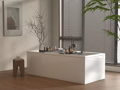 Modern White Bathtub Interior With Wooden Floor Window Blinds Green Plant And Decorative Items 3d model