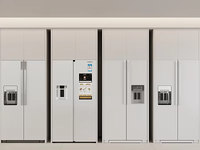 Four White Modern Refrigerators With Ice Water Dispensers In Side By Side Design 3d model