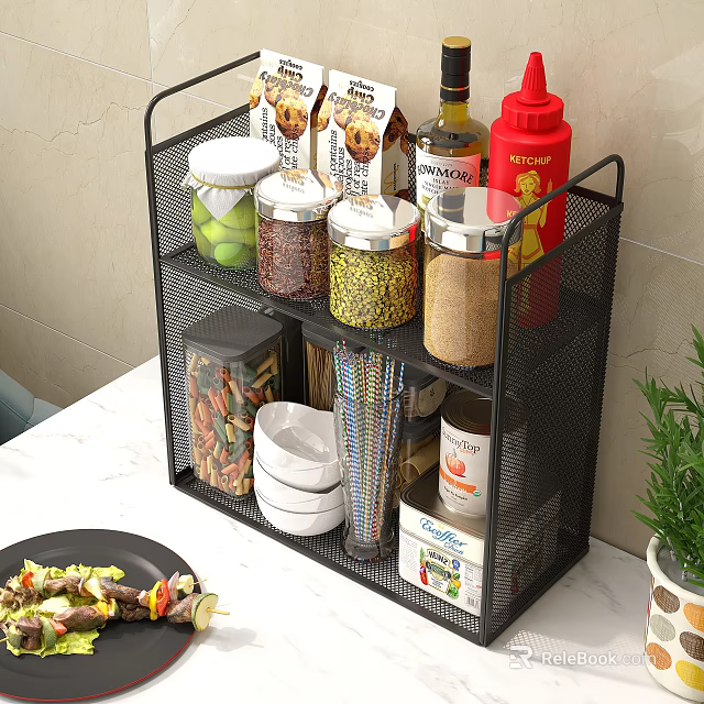Black Metal Multi Layer Kitchen Storage Rack for Countertop Jars Bowls and Spices 3d model 