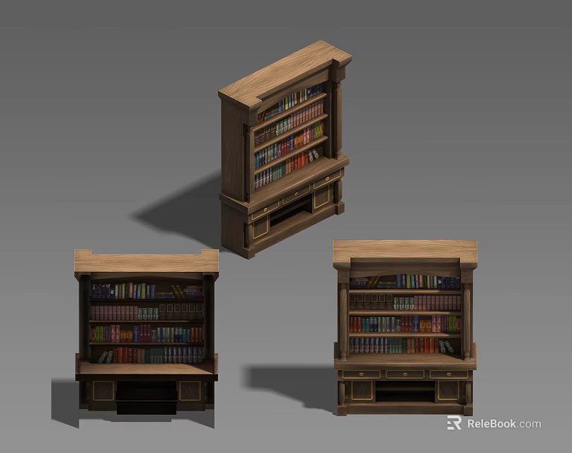 Wooden Bookcases with Multiple Shelves Filled with Colorful Books Classic Design for Home Library 3d model 