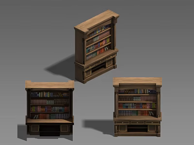 Wooden Bookcases with Multiple Shelves Filled with Colorful Books Classic Design for Home Library 3d model