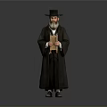 Elderly Man in Black Robe and Hat Holding Golden Scroll Against Gray Background