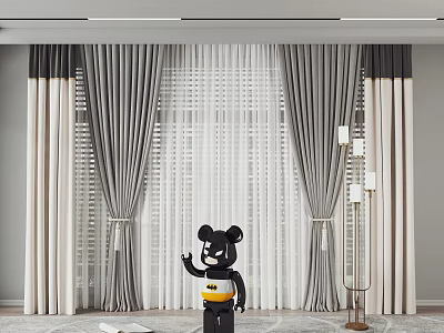 Gray and White Double Layer Sheer Curtains with Tiebacks in Modern Living Room Interior 3d model