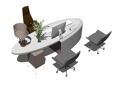 Modern Office Desk Setup With Computer Monitor Plant And Office Chairs 3d model