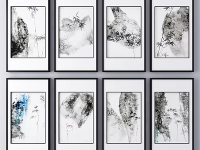Ink Wash Style Plant Paintings Set of Eight with White Frames Modern Wall Decor 3d model